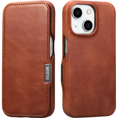 Θήκη iPhone 15 iCarer Vintage Series Side-Open Flip Σκληρή Δερμάτινη με MagSafe - Retro Brown (WMI15230613-SN)