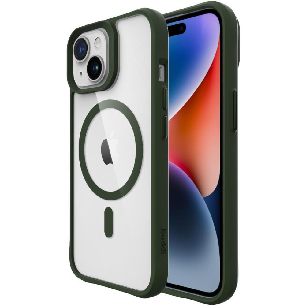 Θήκη iPhone 15 / 14 / 13 Buddi Hybrid Σκληρή Διάφανη με MagSafe - Transparent / Green (8719246493454)