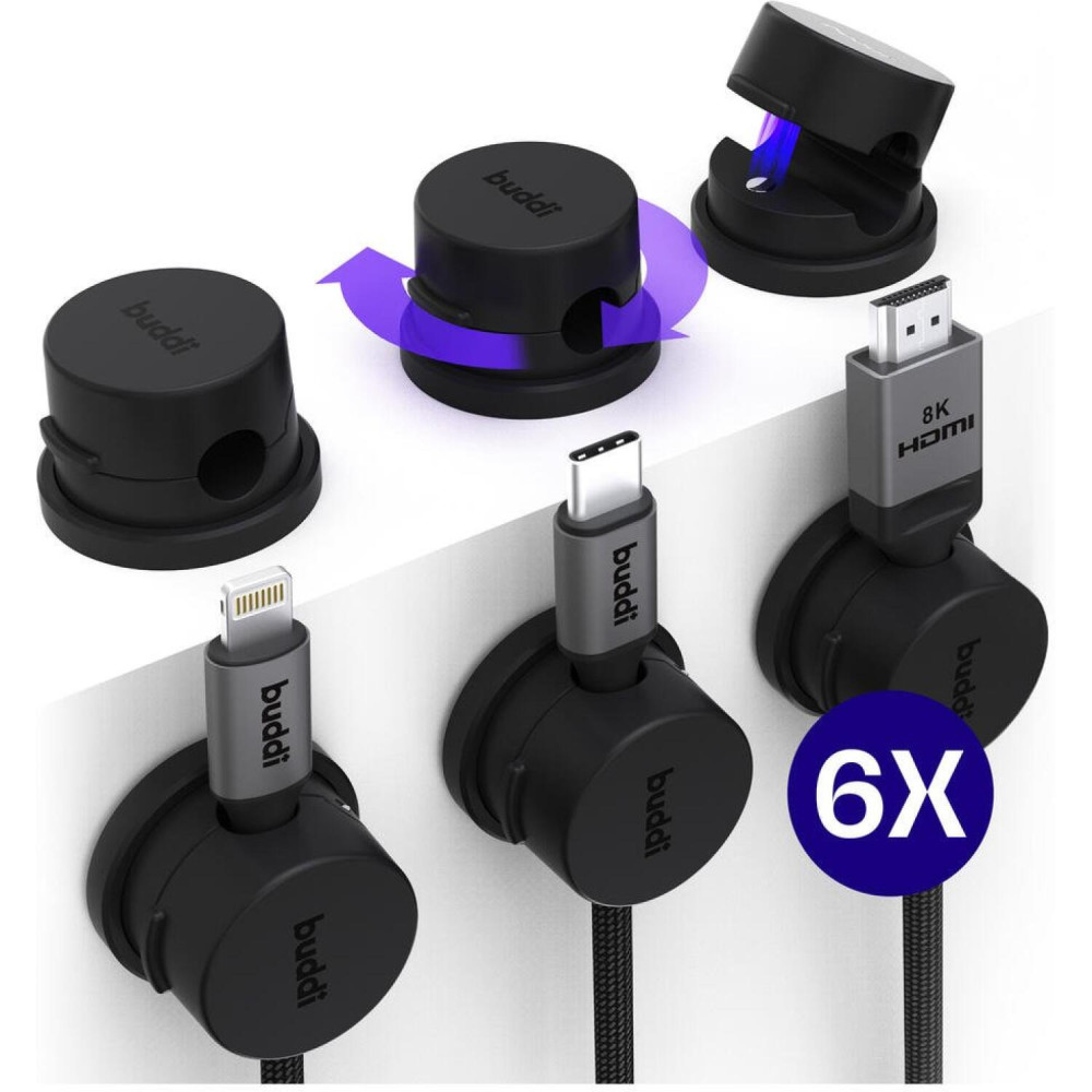 Οργανωτής Καλωδίων Buddi Sorted Cable Clip Μαγνητικός & Περιστρεφόμενος με Αυτοκόλλητο 6 Τεμάχια 5 Έτη Εγγύηση - Black (8719246502569)