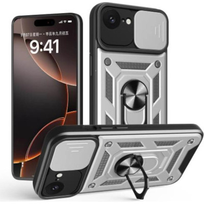 Θήκη iPhone 17e / 16e Bodycell Armor Slide Ανθεκτική με Κάλυμμα για την Κάμερα & Μεταλλικό Ring Holder - Silver (5206015080180)