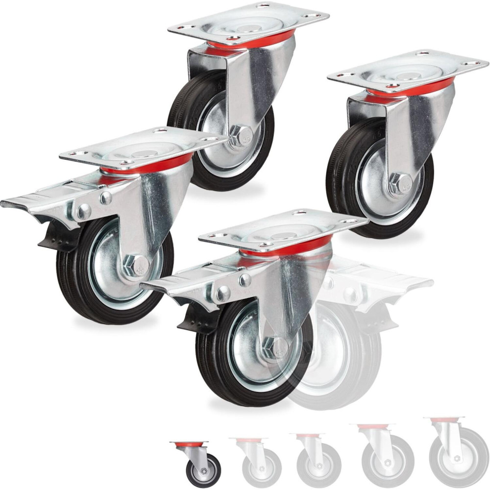 Ροδάκια Βαρέως Τύπου Relaxdays Σετ 4 Αθόρυβα Περιστρεφόμενα 75mm / Φορτίο 200 Kg / 2 x με Φρένα - Black (10031410_1256)