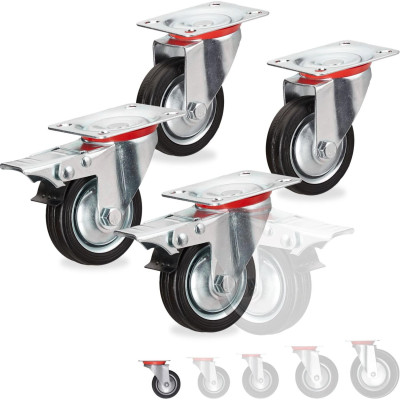 Ροδάκια Βαρέως Τύπου Relaxdays Σετ 4 Αθόρυβα Περιστρεφόμενα 75mm / Φορτίο 200 Kg / 2 x με Φρένα - Black (10031410_1256)