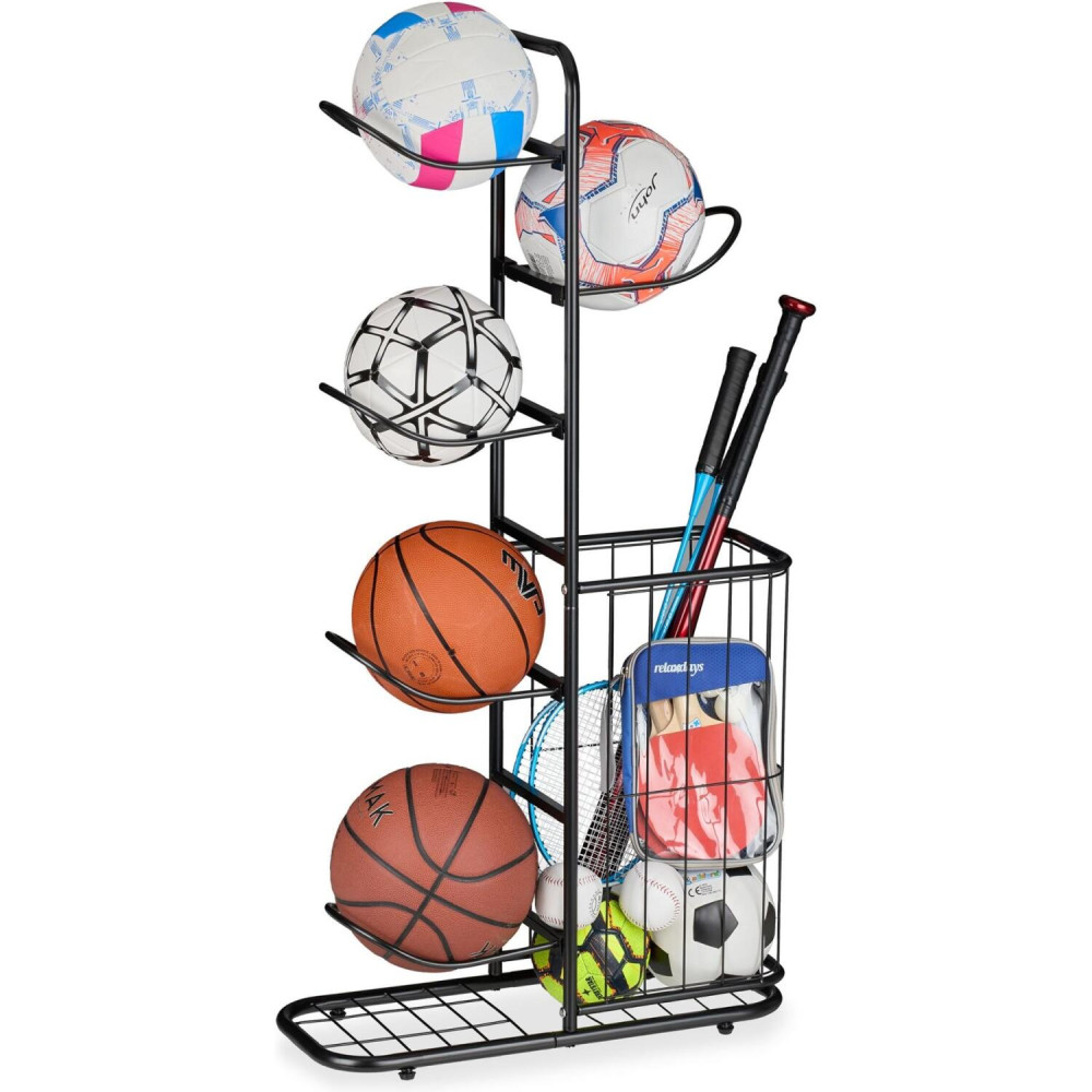 Βάση για Μπάλες Relaxdays Ball Rack Μεταλλική για Αθλητικό Εξοπλισμό με 5 x Θέσεις & 1 x Καλάθι - Black (10050762_46)