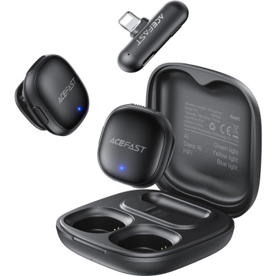 Ασύρματα Μικρόφωνα Πέτου Acefast R1 Σετ με Δέκτη Lightning / Θήκη Φόρτισης & AI Noise Reduction - Black (6974316285250)