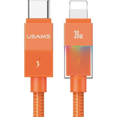 Καλώδιο Type-C Usams SJ776 U93 σε Lightning για Γρήγορη Φόρτιση & Μεταφορά Δεδομένων με LED 120cm 30W - Orange (6958444997285)