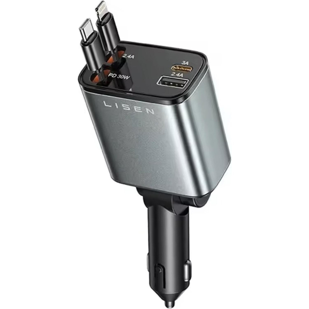 Φορτιστής Αυτοκινήτου Lisen 4 in 1 με Θύρες 1 x USB-A / 1 x Type-C & Πτυσσόμενα Καλώδια 1 x Type-C / 1 x Lightning 69W - Dark Grey / Black (6941237431141)