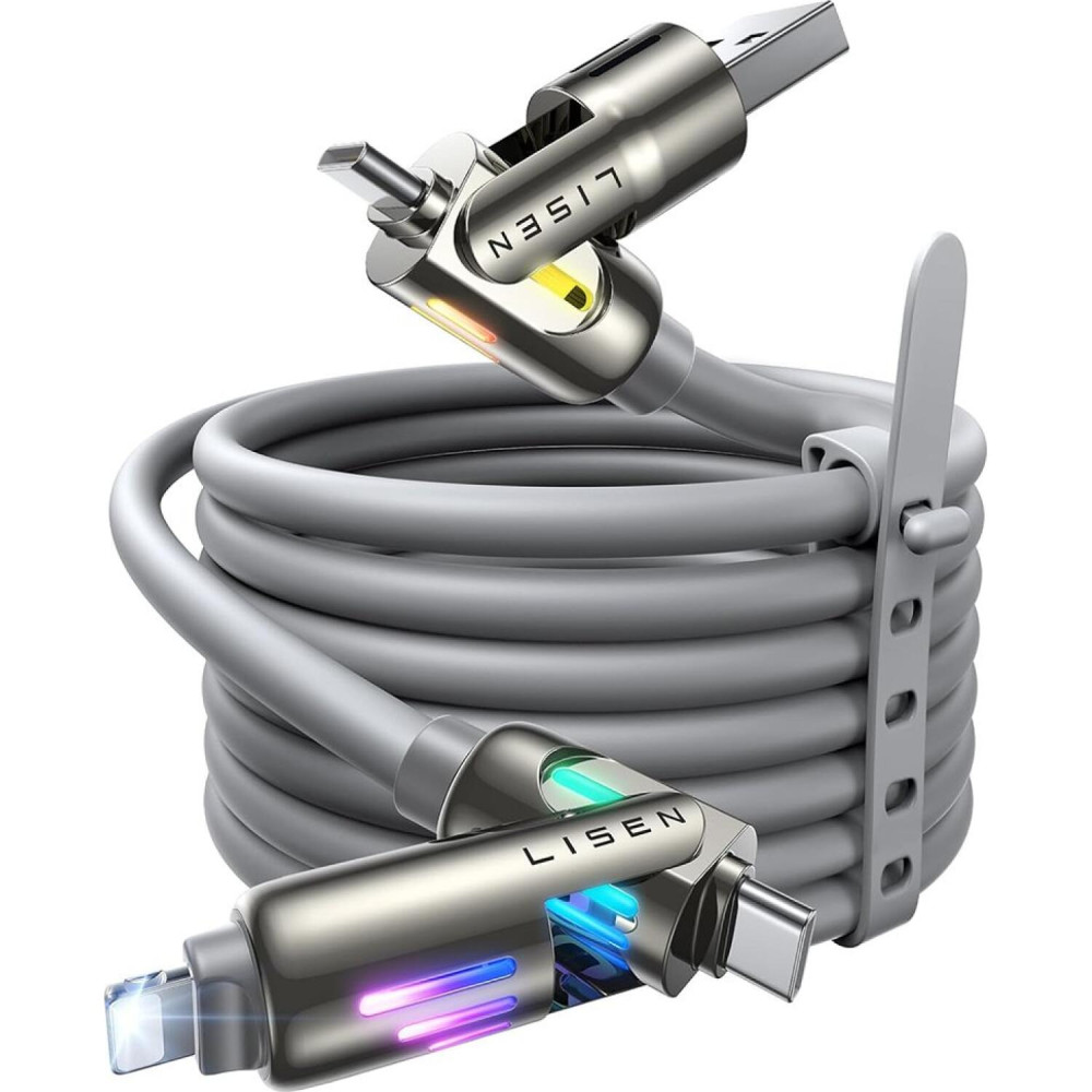 Καλώδιο Lisen 2 σε 2 USB-A / Type-C σε Type-C / Lightning για Γρήγορη Φόρτιση & Μεταφορά Δεδομένων με RGB Φωτισμό 200cm 240W - Gray (6941237430953)