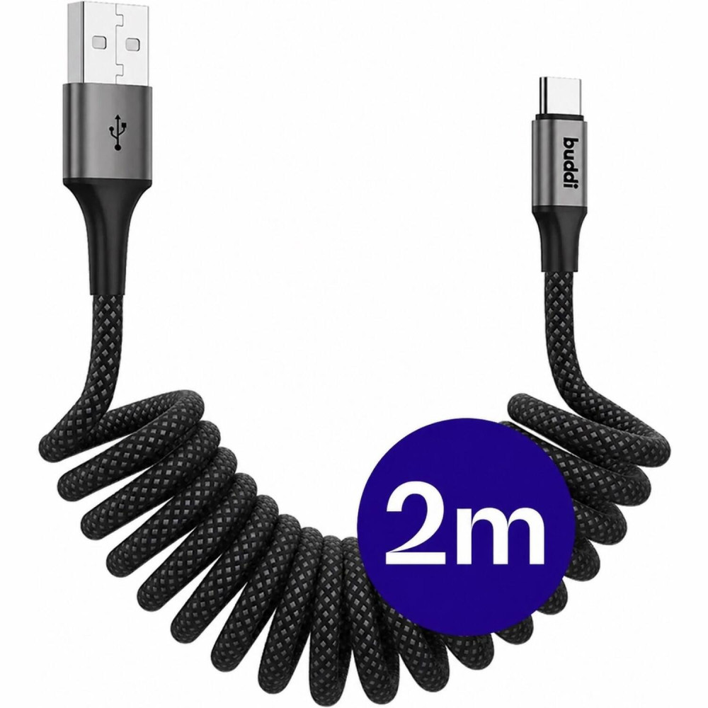 Καλώδιο Buddi Flex USB-A σε Type-C Σπιράλ Φόρτισης και Μεταφοράς Δεδομένων 200cm 12W 5 Έτη Εγγύηση - Black (8719246560415)