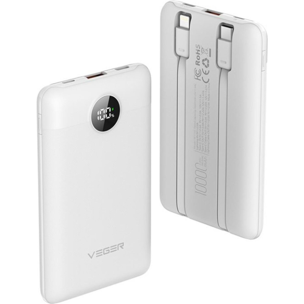 PowerBank Veger C11 με Ενσωματωμένα Καλώδια 1 x Type-C / 1 x Lightning και Θύρα 1 x USB-A 10.000mAh 22.5W - White (6970453559872)