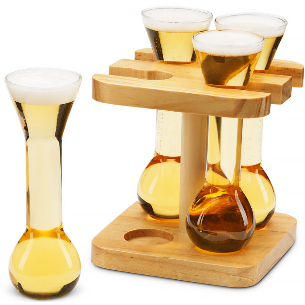 The Source Winning Mini Yards Of Ale - Σετ με 4 Μίνι Γυάλινα Ποτήρια Μπύρας / Κρασιού / Ποτού με Ξύλινη Βάση - 55ml (5056327915461)