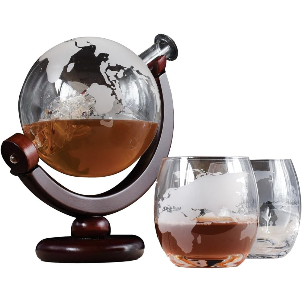 The Source InGenious Globe Decanter Set - Γυάλινο Σετ Ποτού σε Σχήμα Υδρογείου με 1 x Καράφα Σερβιρίσματος με Πώμα / 2 x Ποτήρια & 1 x Ξύλινη Βάση (5060512159417)