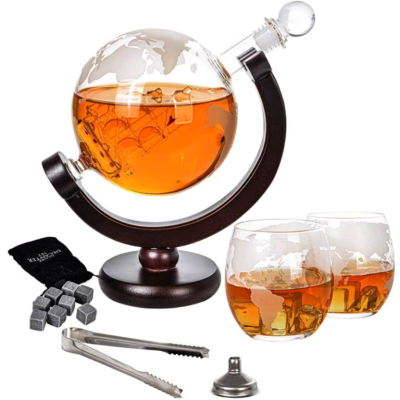 Γυάλινο Σετ Ποτού MikaMax Globe Decanter Set σε Σχήμα Υδρογείου με 1 x Καράφα Σερβιρίσματος με Πώμα / 2 x Ποτήρια / 1 x Λαβίδα / 1 x Χωνί / 9 x Πέτρες Ουίσκι (8719481354619)