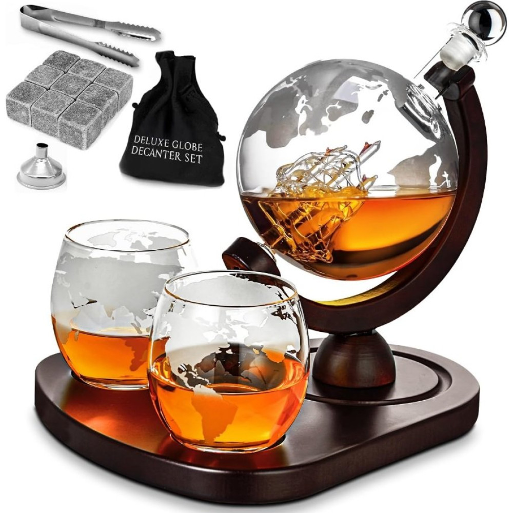 Γυάλινο Σετ Ποτού MikaMax Deluxe Globe Decanter Set σε Σχήμα Υδρογείου με 1 x Καράφα Σερβιρίσματος με Πώμα & Ξύλινη Βάση / 2 x Ποτήρια / 1 x Λαβίδα / 1 x Χωνί / 9 x Πέτρες Ουίσκι (8719481357771)