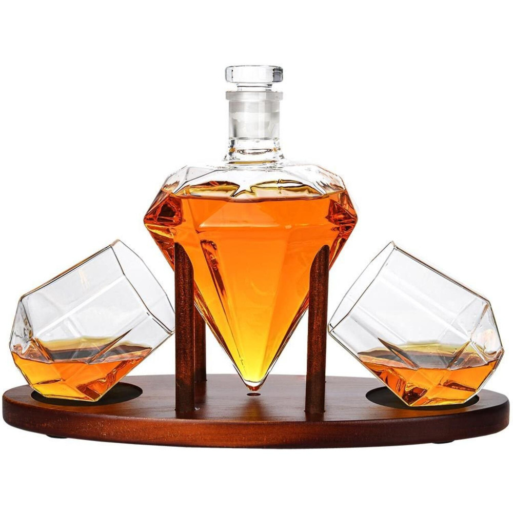Γυάλινο Σετ Ποτού MikaMax Deluxe Diamond Decanter Set σε Σχήμα Διαμαντιού με 1 x Καράφα Σερβιρίσματος με Πώμα & Ξύλινη Βάση / 2 x Ποτήρια / 1 x Λαβίδα / 1 x Χωνί / 9 x Πέτρες Ουίσκι (8719481357788)