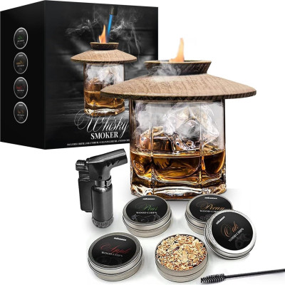 Whisky Smoker - Σετ Καπνίσματος Ουίσκι με Καπάκι Οξιάς / Επαναγεμιζόμενο Φλόγιστρο / Ανοξείδωτο Πλέγμα & 4 Αρώματα Ξύλου (8719481358518) - MikaMax