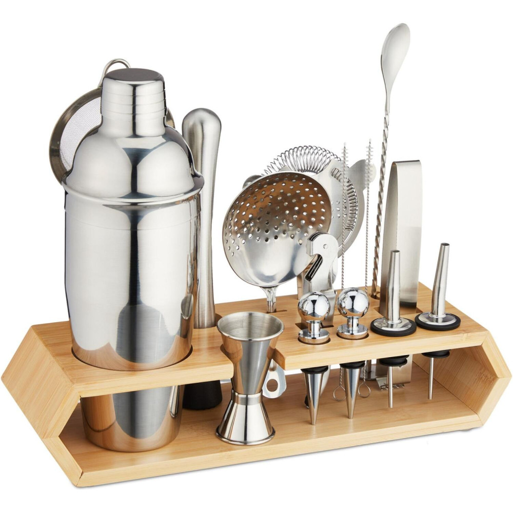 Σετ Κοκτέιλ Relaxdays 16-Part Cocktail Shaker Set από Ανοξείδωτο Ατσάλι με Βάση από Μπαμπού - Silver / Natural (10046384)