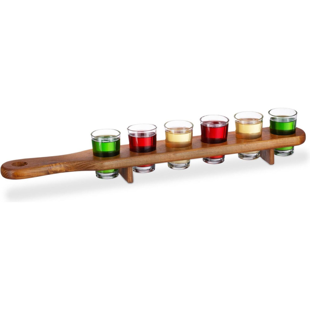Σετ 6 Σφηνάκια με Ξύλινη Βάση Relaxdays Wooden Shot Paddle Board για Σερβίρισμα Ποτών 45 cm - Brown / Transparent (10022788)