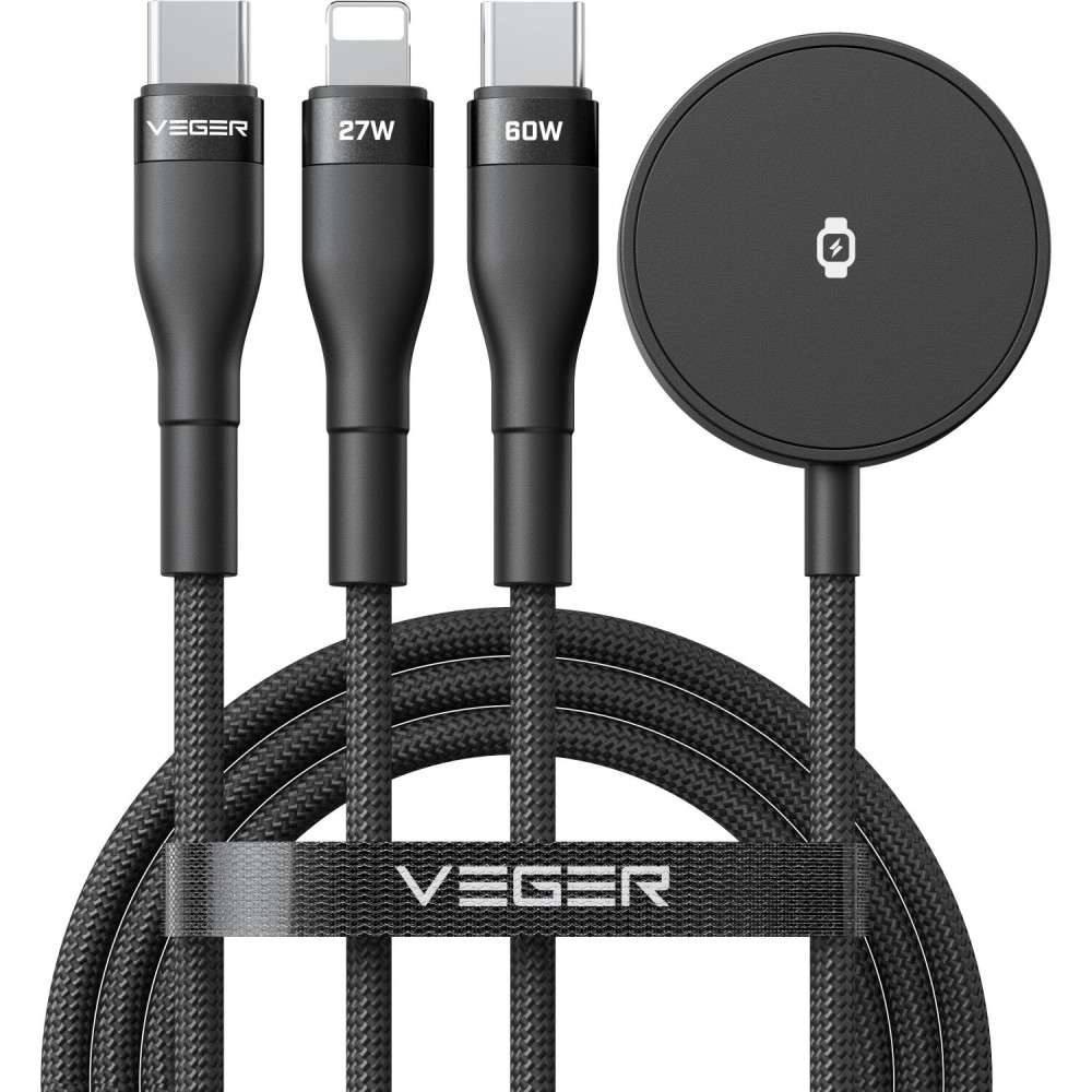 Καλώδιο Type-C Veger V730 3 σε 1 Φόρτισης και Μεταφοράς Δεδομένων σε Type-C 60W / Lightning 27W / Φορτιστή Apple & Galaxy Watch 150cm - Black (6977525752483)
