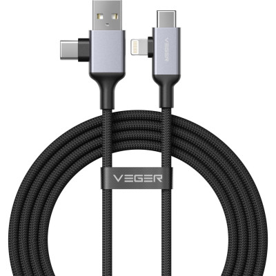 Καλώδιο USB-A / Type-C Veger V313 2 σε 2 Φόρτισης και Μεταφοράς Δεδομένων σε Type-C / Lightning 60W 120cm - Black (6977525753435)