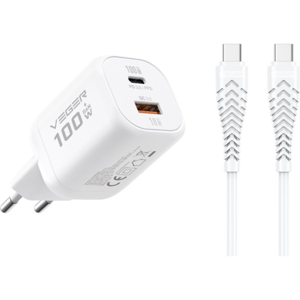 Φορτιστής Veger TR150 GaN Αντάπτορας με 1 x Type-C 100W / 1 x USB-A 18W & 1 x Καλώδιο Type-C σε Type-C 120cm - White (6977525753244)