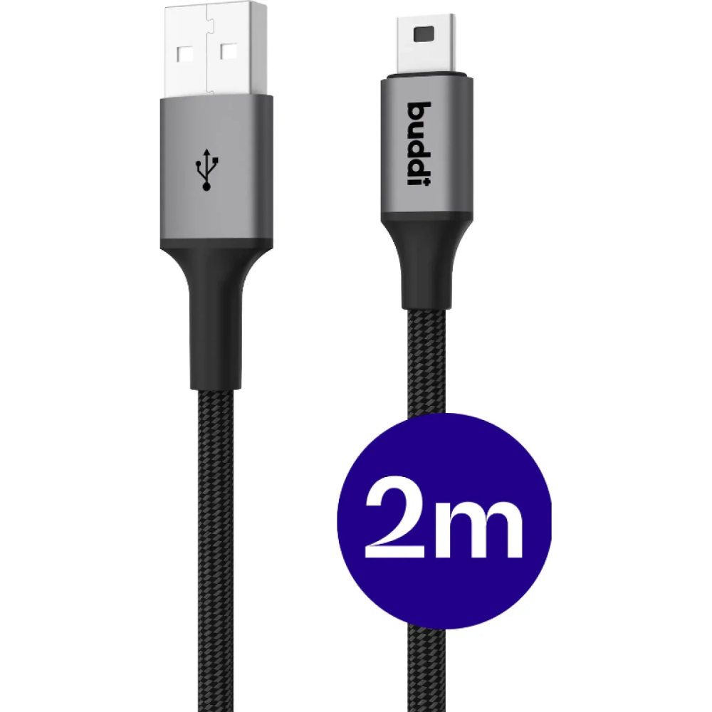 Καλώδιο USB-A Buddi Flex Φόρτισης & Μεταφοράς Δεδομένων σε Mini USB 200cm 12W 5 Έτη Εγγύηση - Black (8719246550850)