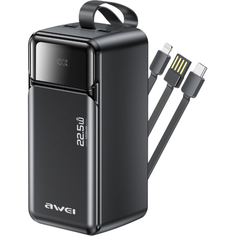 PowerBank Awei PA107 με Ψηφιακή Οθόνη LED / Θύρες 2 x USB-A & 1 x Type-C / Καλώδια 1 x Type-C / 1 x Lightning 50.000mAh 22.5W - Black (6954284029544)