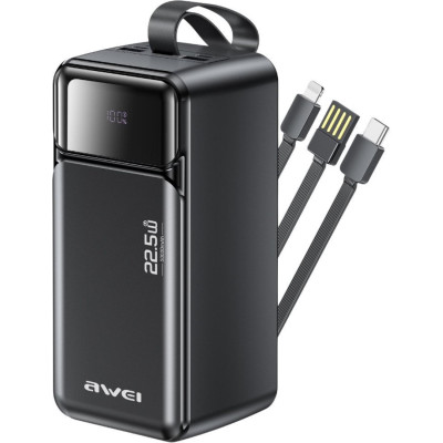 PowerBank Awei PA107 με Ψηφιακή Οθόνη LED / Θύρες 2 x USB-A & 1 x Type-C / Καλώδια 1 x Type-C / 1 x Lightning 50.000mAh 22.5W - Black (6954284029544)