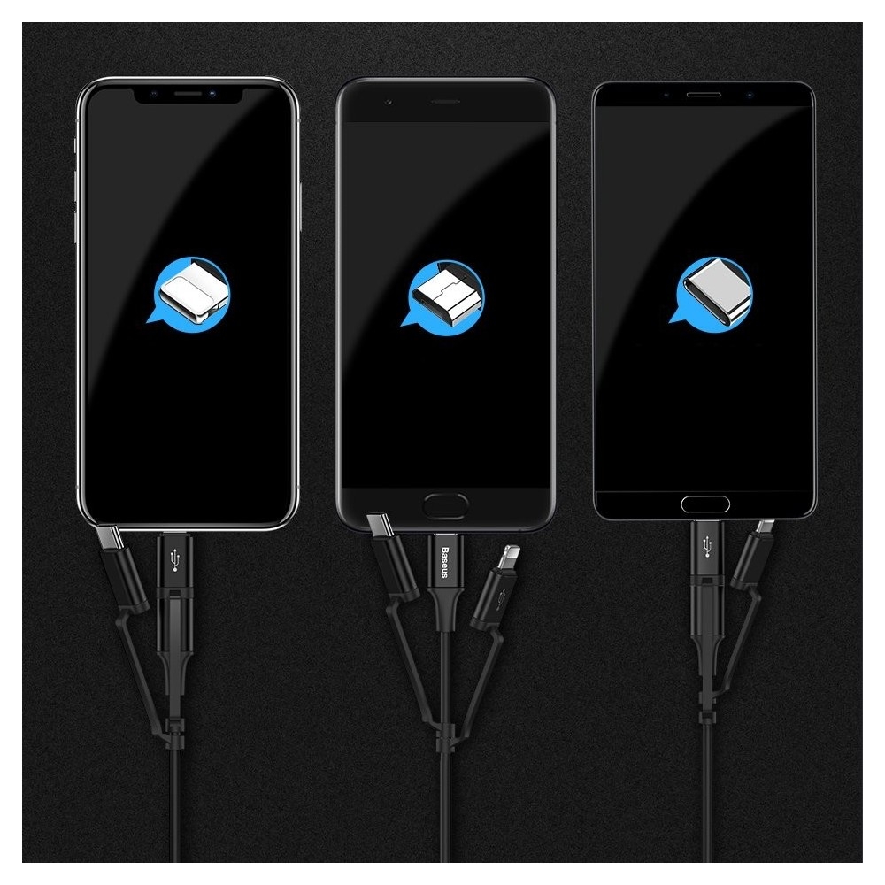 Baseus 3 in 1 Καλώδιο Φόρτισης και Μεταφοράς Δεδομένων USB σε Lightning, Micro-usb & Type-c - 120cm - Μαύρο (CA3IN1-ZY01)