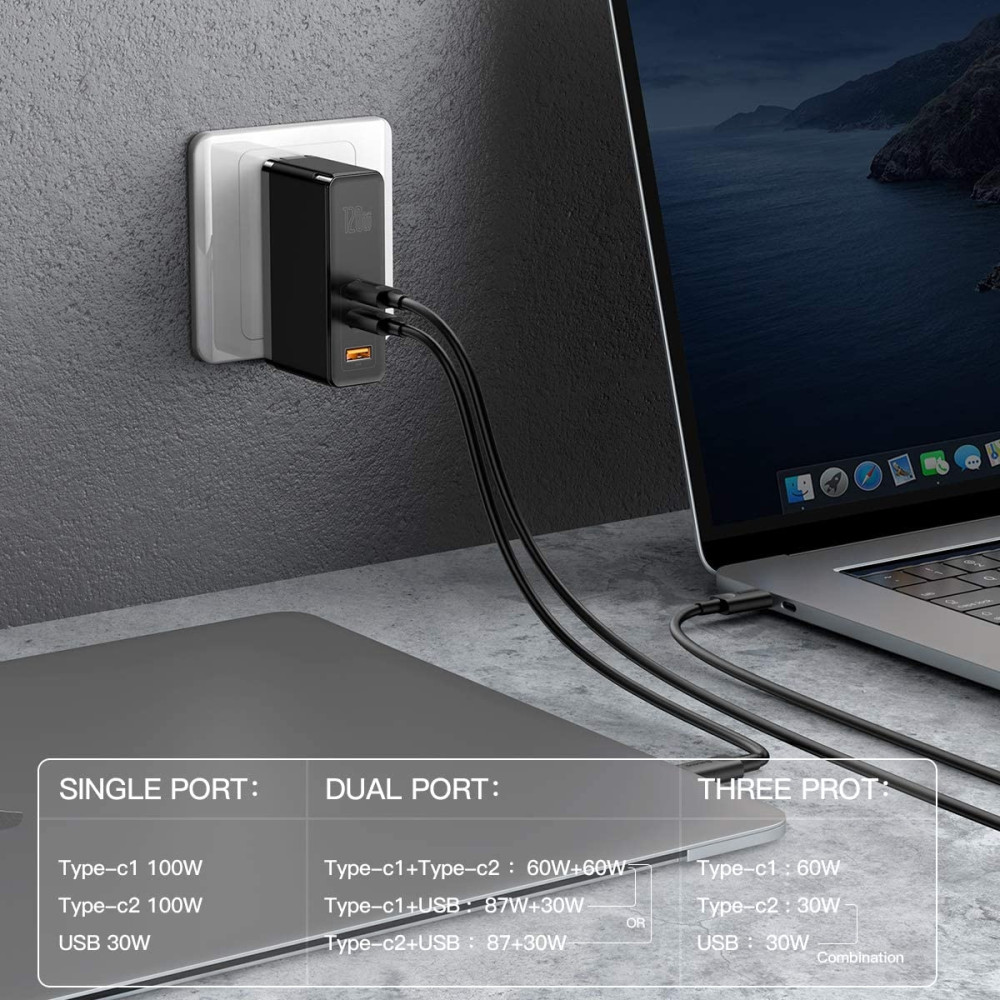 Baseus PD - Φορτιστής Ταξιδιού Type-C x 2 / USB-A x 1- 120W - Black (CCGAN-J01)