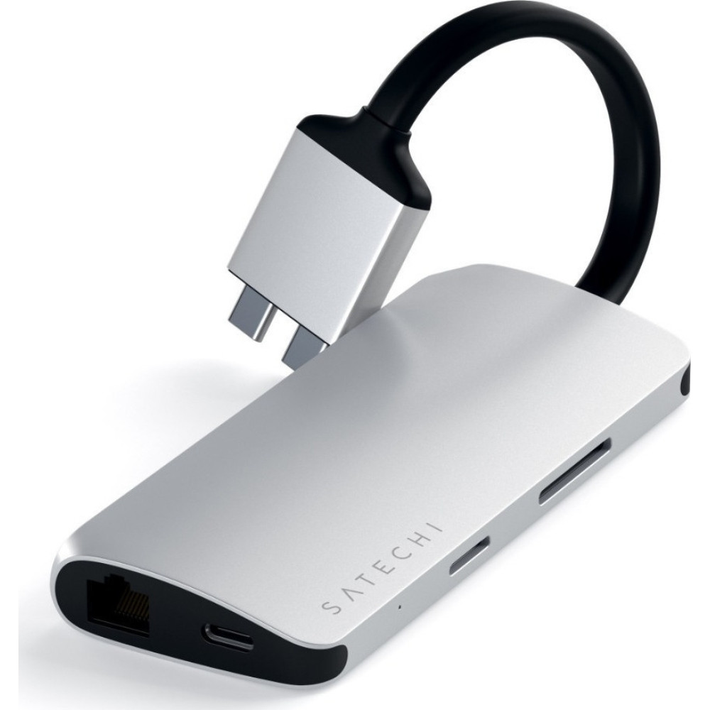 Satechi Αντάπτορας Type-C Dual Multimedia για Macbook - Με 2x USB-A / 1x Type-C / 1x Ethernet / 2x HDMI / 1x SD & Micro SD - Silver (ST-TCDMMAS)
