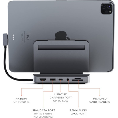Satechi Aluminum Stand Hub για iPad Pro - Βάση / Αντάπτορας με 1 x USB-A 3.0 / 1 x Type-C / 1 x HDMI 4K / 1 x 3.5mm Jack (female) / 1 x SD & Micro SD (ST-TCSHIPM)