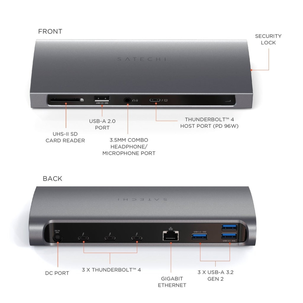 Satechi Thunderbolt 4 - Docking Station - Με 1 x USB-A 2.0 / 3 x USB-A 3.2 / 4 x Type-C Τ4 / 1 x SD Card Reader / 1 x Gigabit Ethernet / 1 x 3.5mm Jack (ST-UCT4DM)
