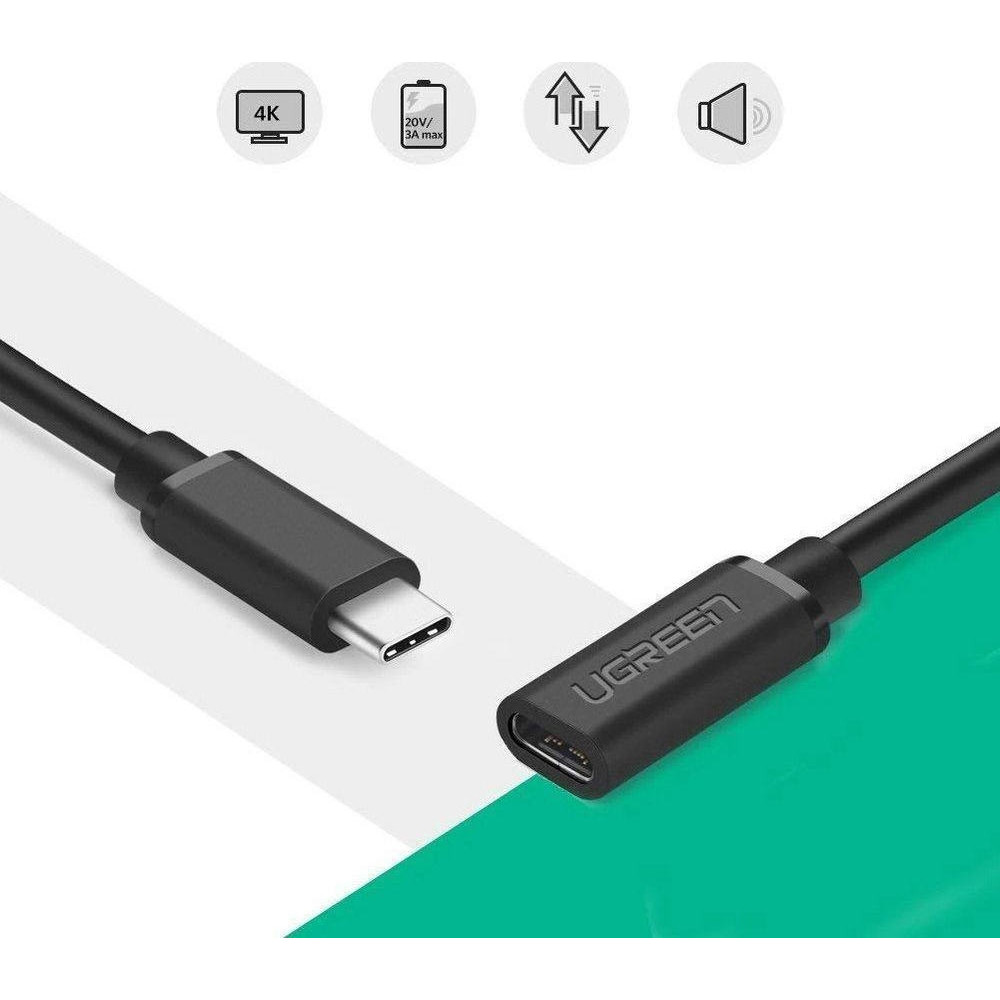 Ugreen Καλώδιο Φόρτισης και Μεταφοράς Δεδομένων - Type-C (Male) σε Type-C (Female) - 60W - 50cm - Black (40574)