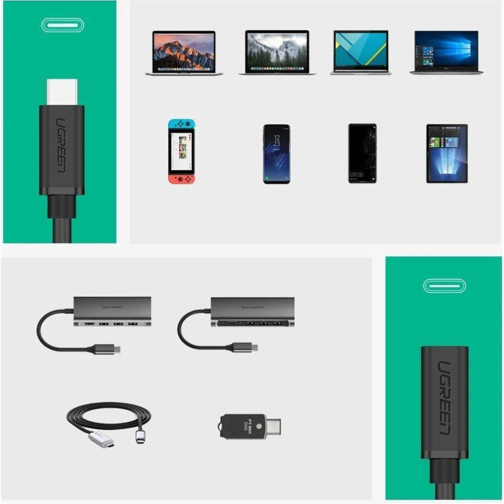 Ugreen Καλώδιο Φόρτισης και Μεταφοράς Δεδομένων - Type-C (Male) σε Type-C (Female) - 60W - 50cm - Black (40574)