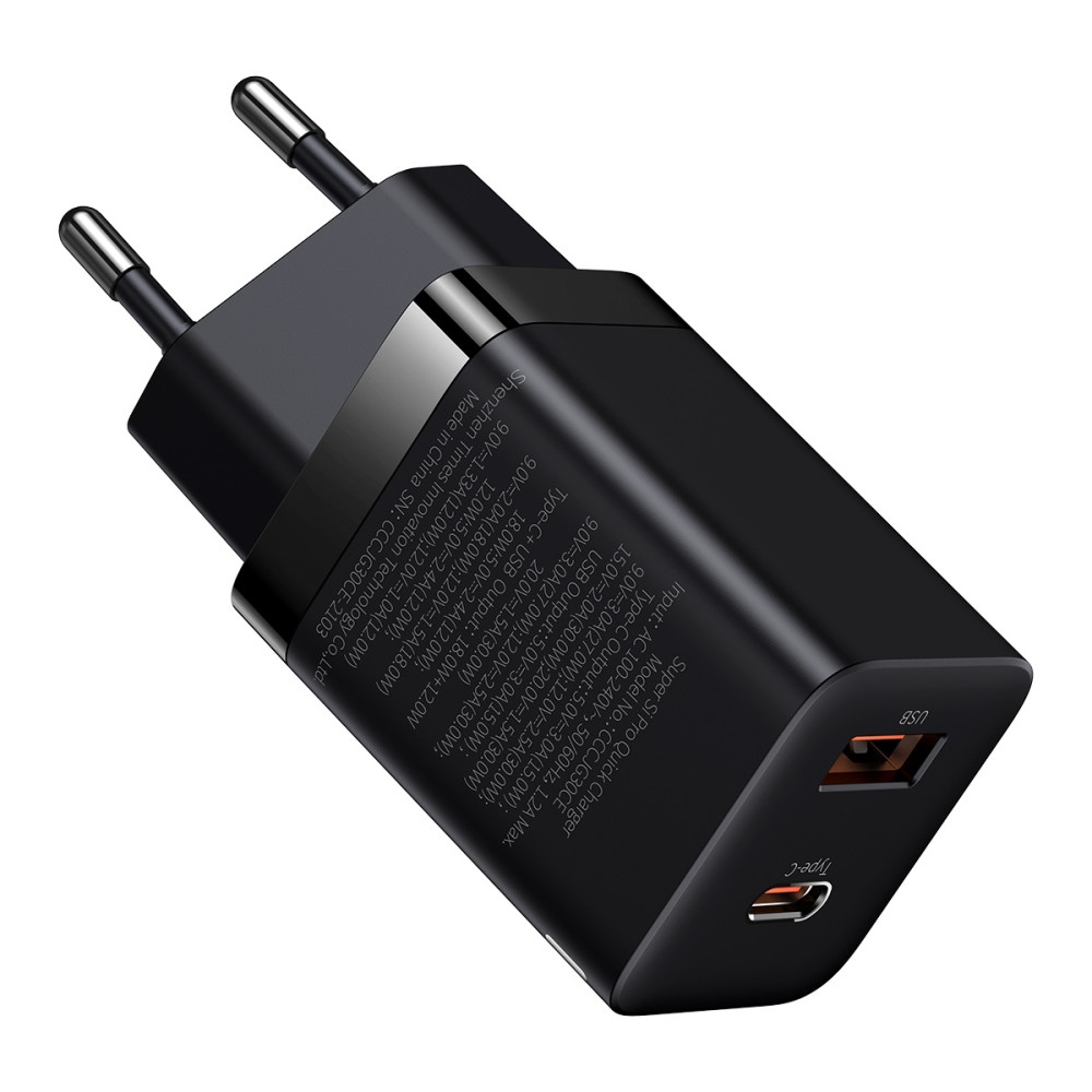 Baseus Super Si Pro - Ταχυφορτιστής Ταξιδιού QC 3.0 με 1 x USB-A / 1 x Type-C - 30W - Black (CCSUPP-E01)