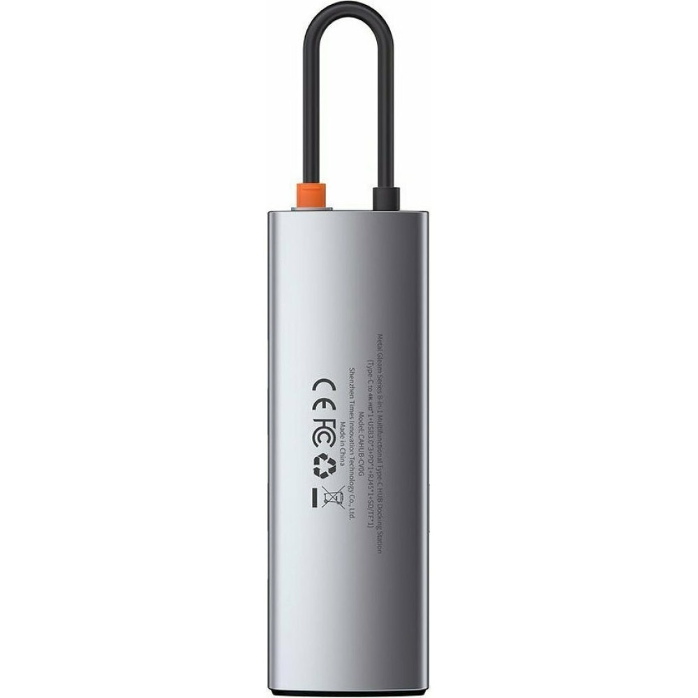 Baseus Metal Gleam Series 8 in 1 - Hub Docking Station Type-C σε 1 x Type-C / 1 x HDMI / 3 x USB 3.2 / 1 x Ethernet RJ45 / 1 x MicroSD/SD - 100W - Gray (CAHUB-CV0G)