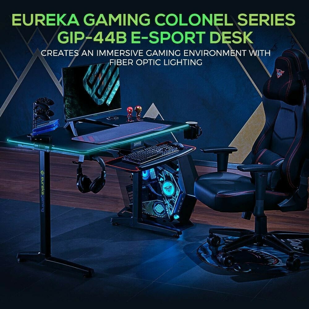 Eureka Ergonomic GIP 44" Fiber Optic Gaming Desk - Γραφείο Gaming RGB με Βάση για Ποτήρι και Ακουστικά / Οργανωτής Καλωδίων / Βάση με 4 x USB - 112 x 60 x 76.5 cm - Black (ERK-GIP-44B)