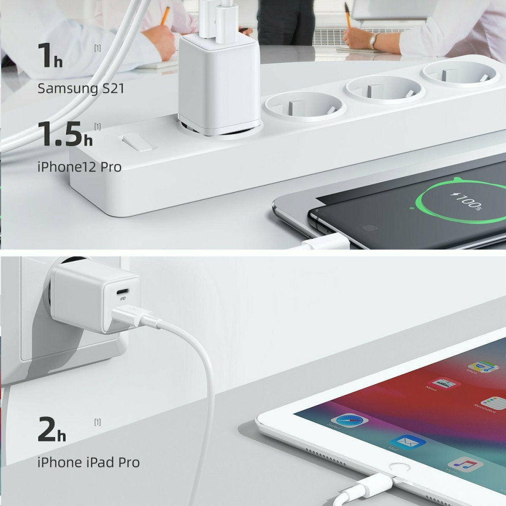 Joyroom Mini Dual Ports Fast Network Charger - Ταχυφορτιστής Ταξιδιού / Αντάπτορας Με 1 x USB-A / 1 x Type-C - QC3.0 / 30W - White (L-QP303)