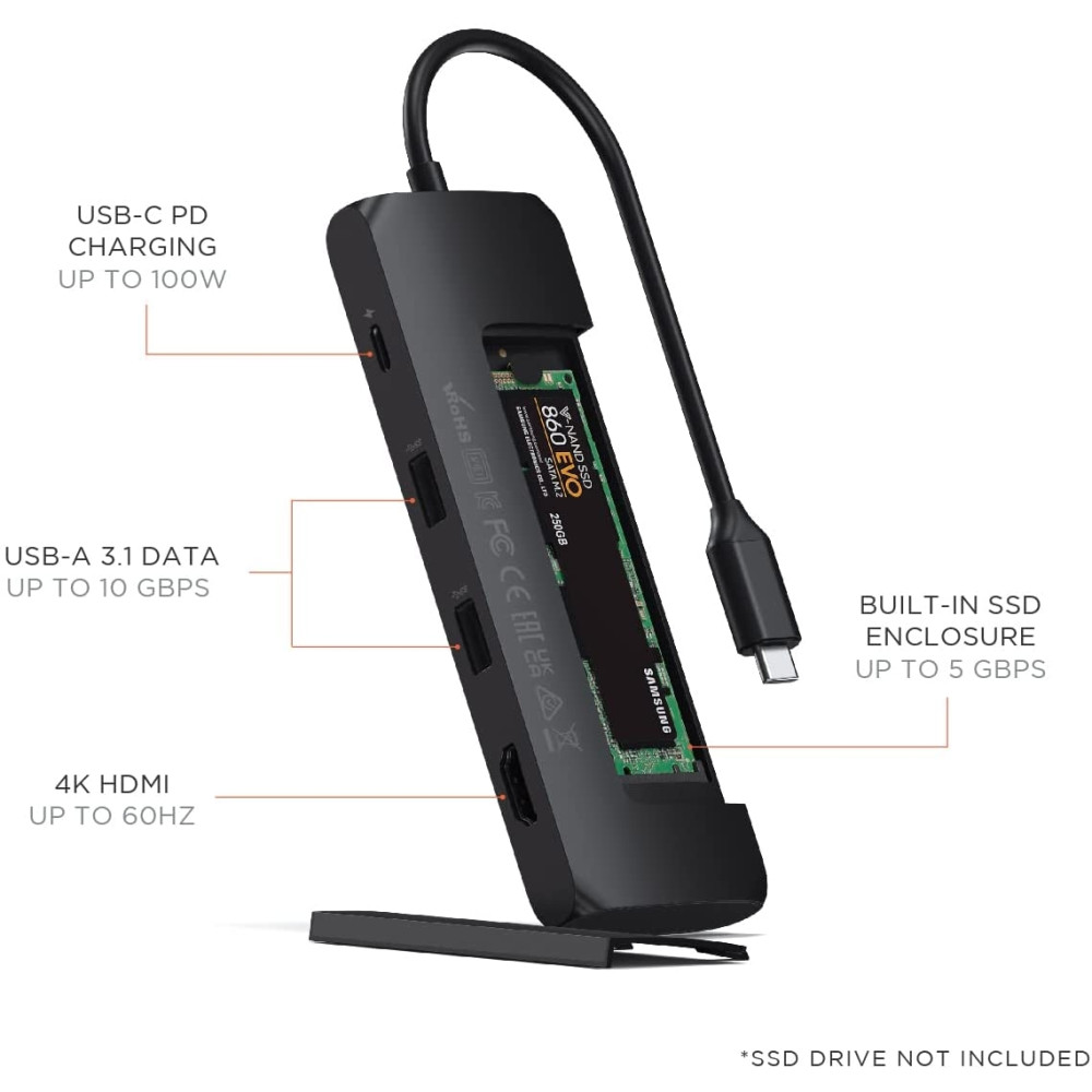Satechi Αντάπτορας Type-C Hybrid Multiport - Με 1 x Θήκη για SSD Μ.2 SATA Εξωτερικό Σκληρό Δίσκο / 1 x 4K HDMI / 2 x USB-A 3.0 / 1 x Type-C PD - Black (ST-UCHSEK)