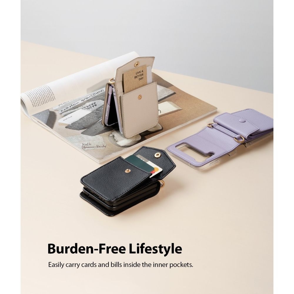 Ringke Folio Signature Card Pocket Δερμάτινη Θήκη - Πορτοφόλι με Λουράκι Λαιμού - Samsung Galaxy Z Flip3 5G - Black (8809818842565)