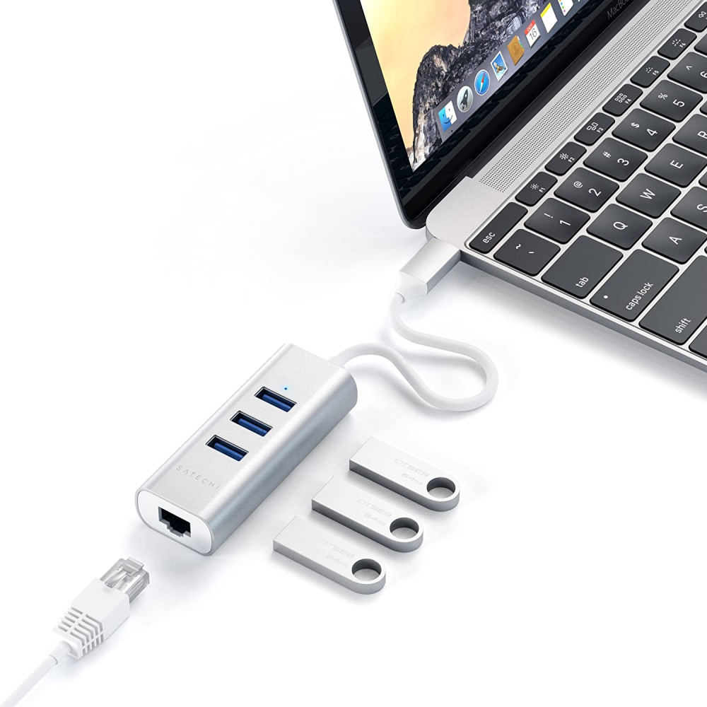 Satechi Type-C 2 in 1 USB Hub & Ethernet - Αντάπτορας Αλουμινίου Με 3 x USB-Α / 1 x Ethernet - Silver (ST-TC2N1USB31AS)