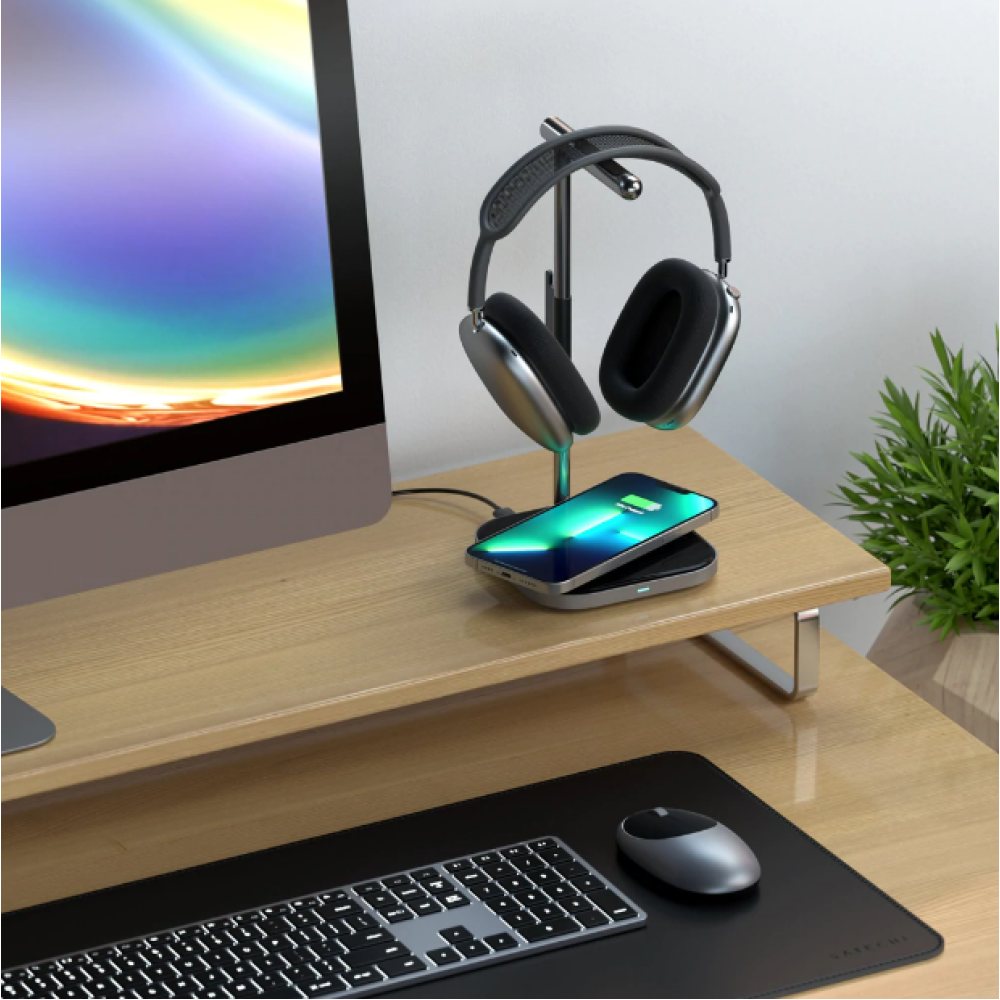 Satechi 2 in 1 Headphone Stand and Wireless Charger - Βάση Στήριξης & Φόρτισης Airpods Max με 1 x Type-C και Ασύρματη Φόρτιση MagSafe για iPhone 14 / 13 / 12 - 7.5W - Space Gray (ST-UCHSMCM)