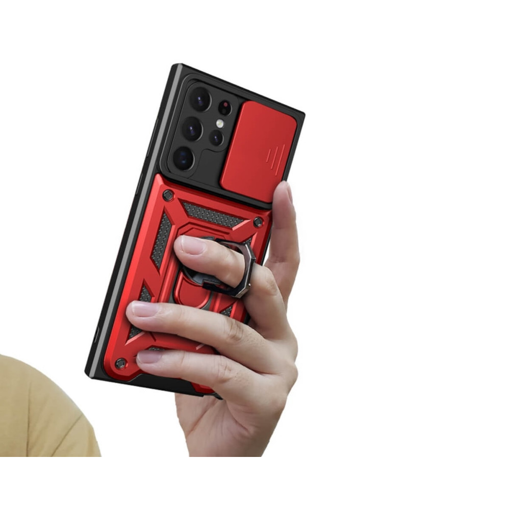 Bodycell Armor Slide - Ανθεκτική Θήκη Samsung Galaxy S22 Ultra 5G με Κάλυμμα για την Κάμερα & Μεταλλικό Ring Holder - Red (5206015014499)
