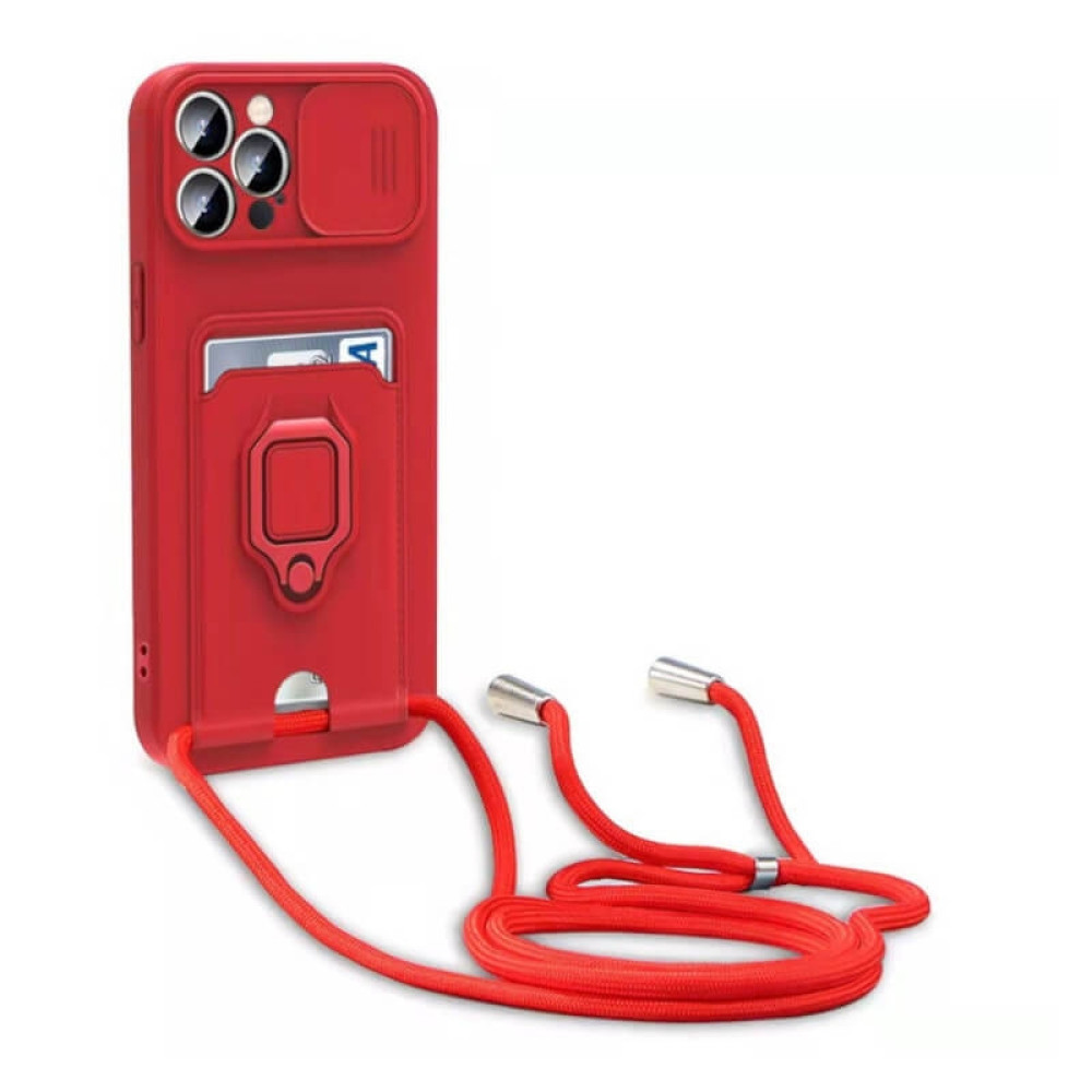 Bodycell Multifunction - Ανθεκτική Θήκη Apple iPhone 13 Pro με Λουράκι Λαιμού / Κάλυμμα Κάμερας / Ring Holder / Υποδοχή Κάρτας - Red (5206015004803)