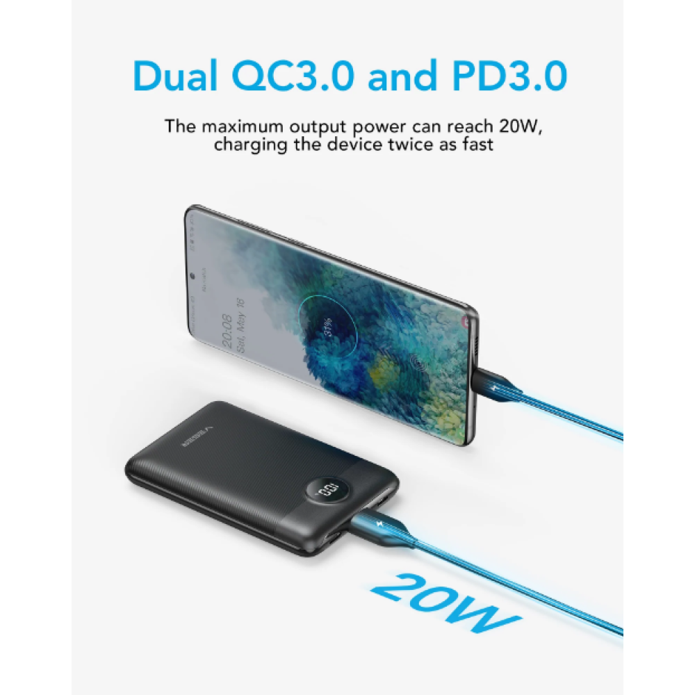 Veger PowerBank S11 με Ψηφιακή Οθόνη LED - Φορητή Μπαταρία Φόρτισης με 1 x USB-Α / 1 x Type-C - 10000mAh - 20W - Black (VP1140)