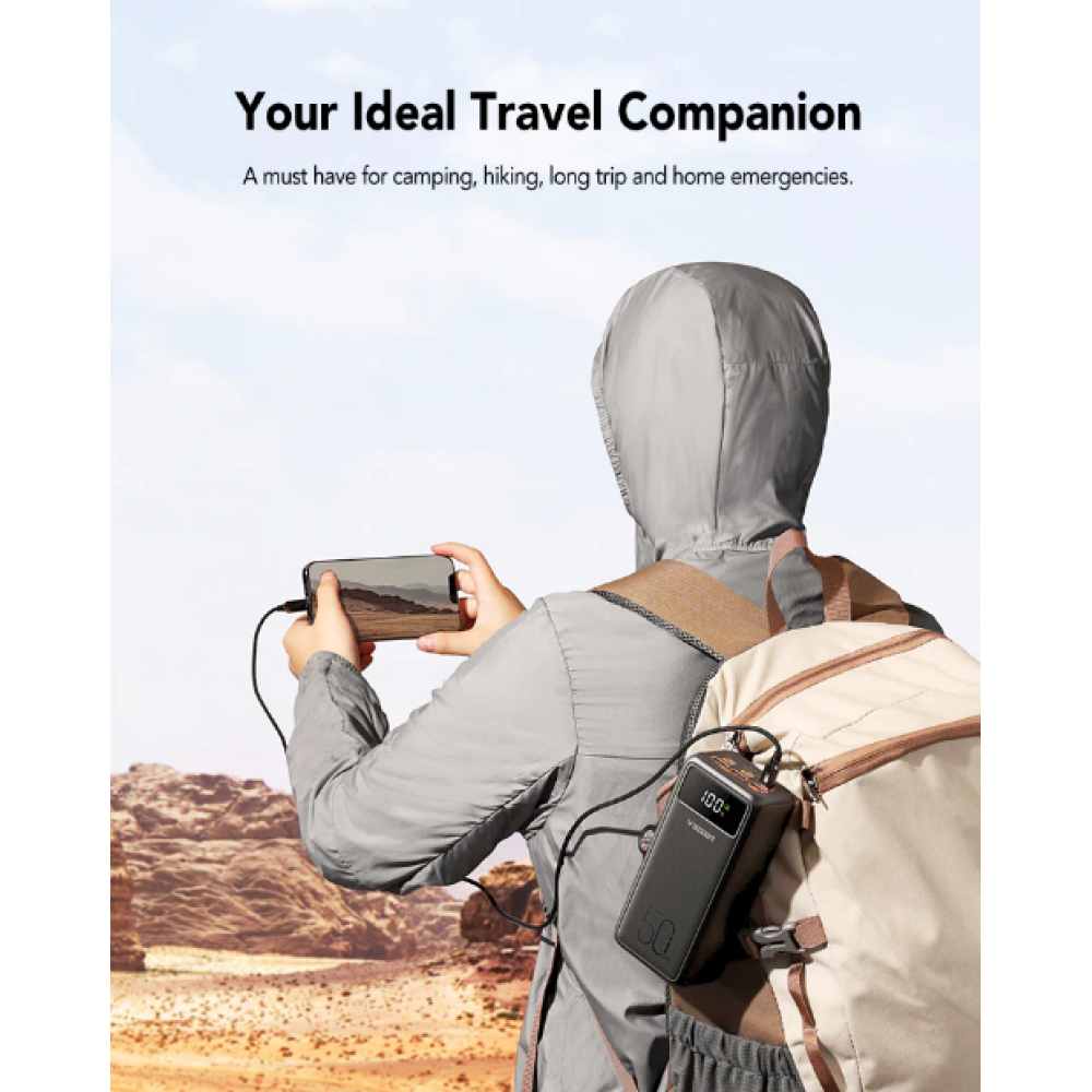 Veger Tank Lite PowerBank με Ψηφιακή Οθόνη LED / Φακό & Πυξίδα - Φορητή Μπαταρία Φόρτισης με 3 x USB-Α / 1 x Type-C - 50000mAh - 22.5W - Black (WP5001)