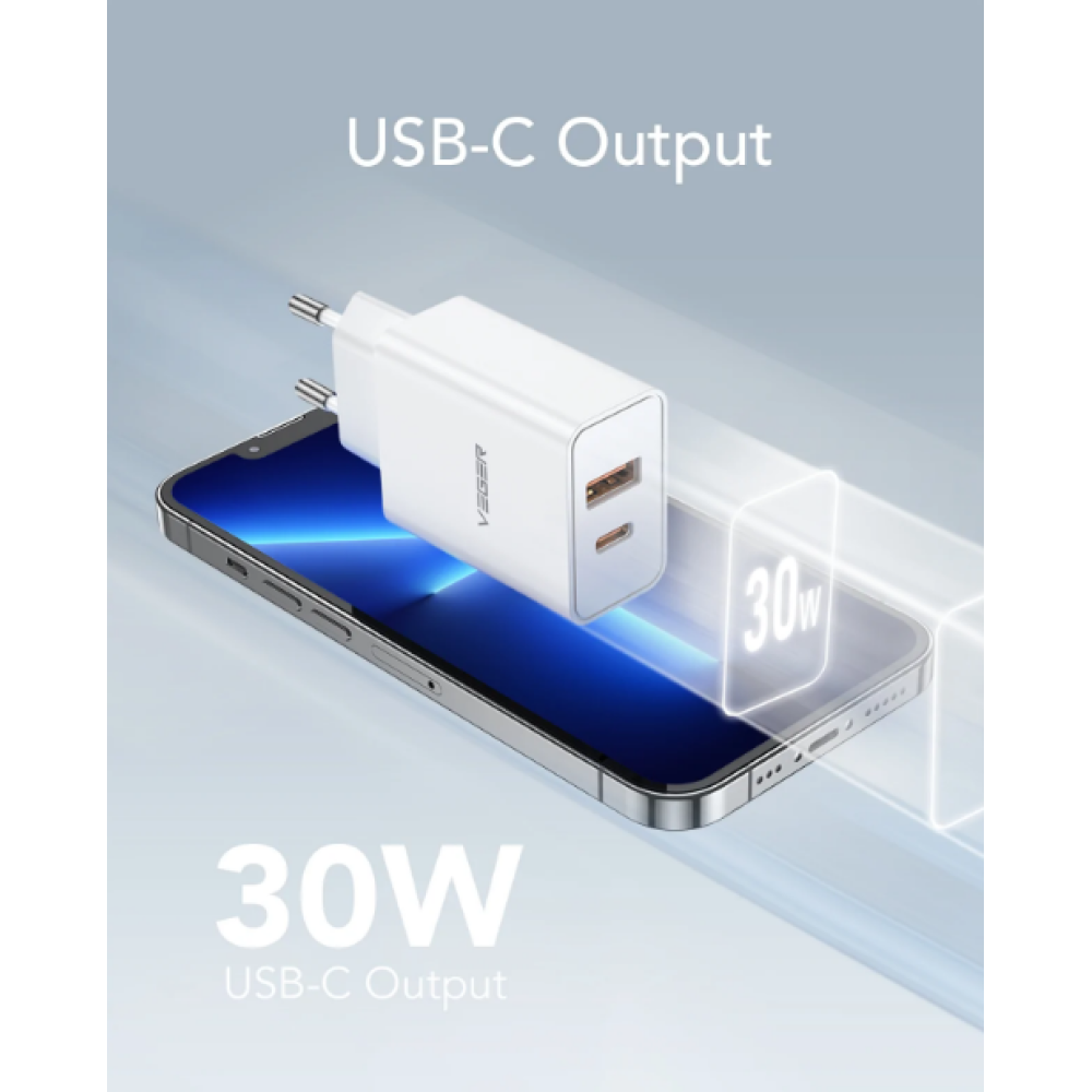 Veger Fast Charger - Ταχυφορτιστής Ταξιδιού / Αντάπτορας Με 1x Type-C / 1 x USB-A - 30W - White (VLS302U)