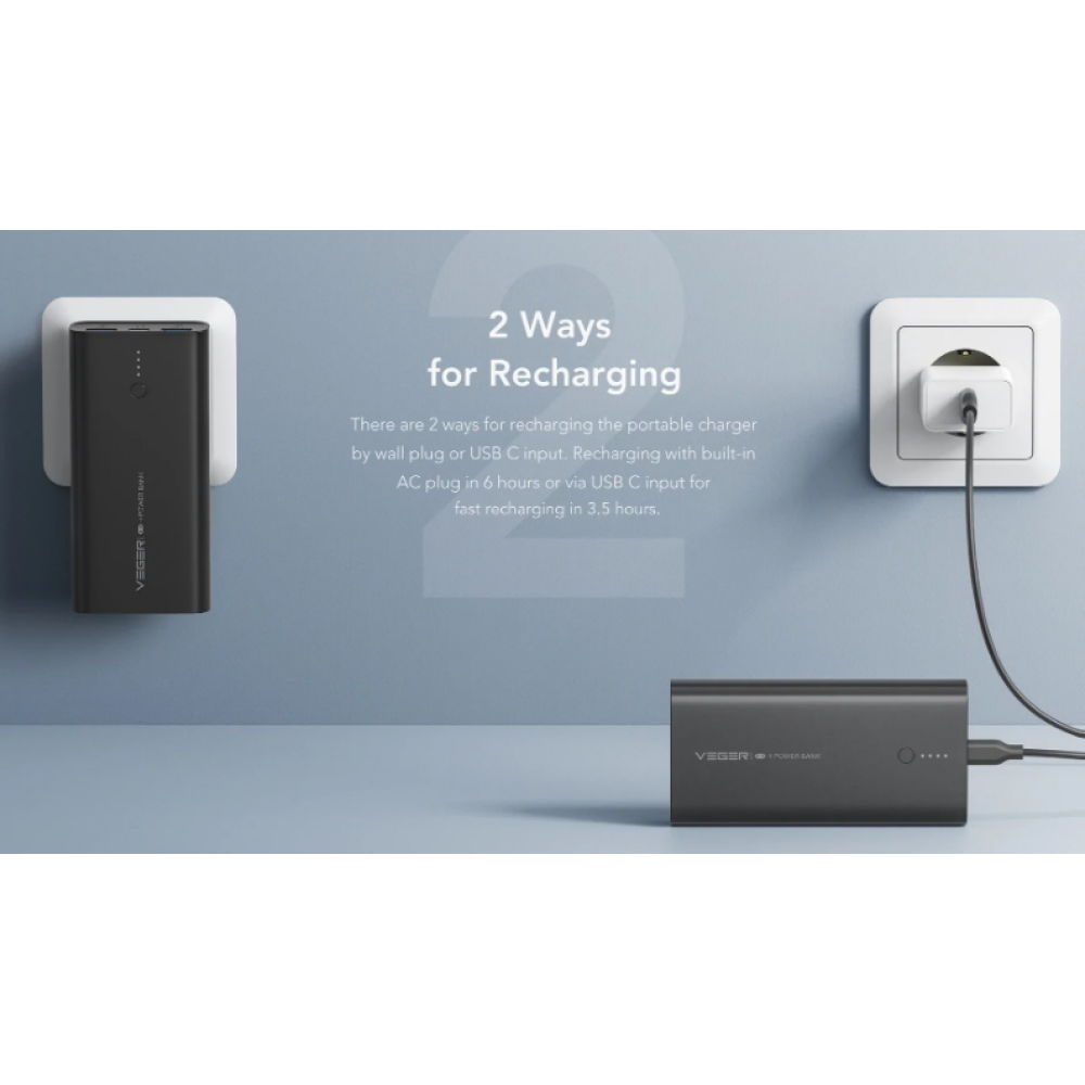 Veger PowerBank & Wall Adapter - Φορητή Μπαταρία Φόρτισης με Καλώδιο Type-C / Φορτιστής Τοίχου με 2 x USB-Α / 1 x Type-C - 10000mAh - 20W - Black (ACE100)