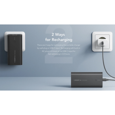 Veger PowerBank & Wall Adapter - Φορητή Μπαταρία Φόρτισης με Καλώδιο Type-C / Φορτιστής Τοίχου με 2 x USB-Α / 1 x Type-C - 10000mAh - 20W - Black (ACE100)