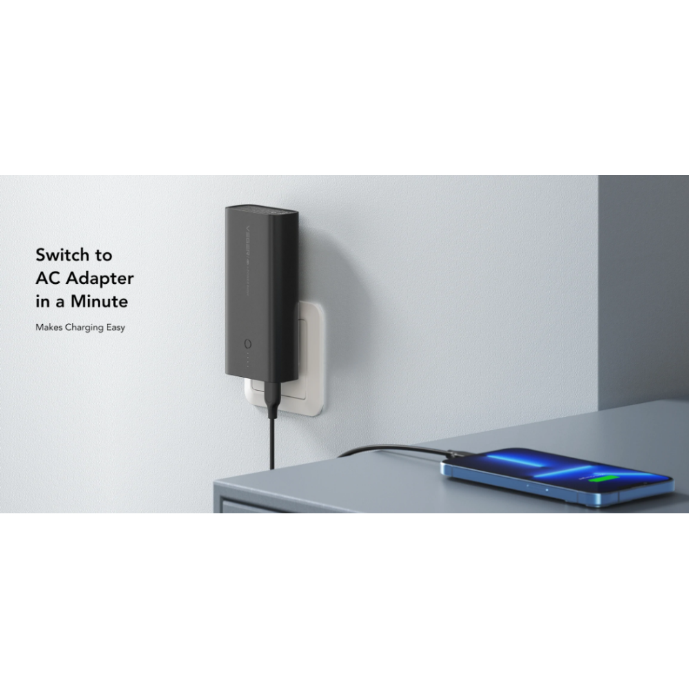 Veger PowerBank & Wall Adapter - Φορητή Μπαταρία Φόρτισης με Καλώδιο Type-C / Φορτιστής Τοίχου με 2 x USB-Α / 1 x Type-C - 10000mAh - 20W - Black (ACE100)